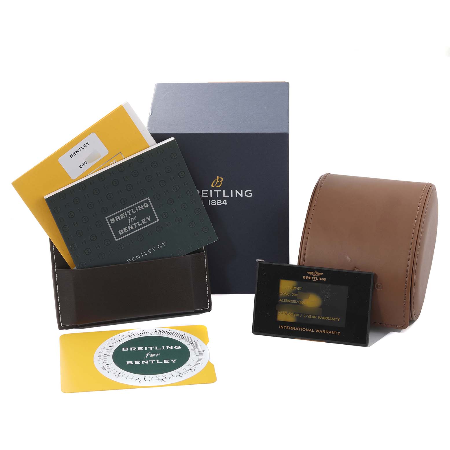 The image shows a Breitling Bentley A1336224/Q614 Men's Stainless Steel Brown Dial A1336224/Q614 Men's Stainless Steel Brown Dial watch box, manuals, warranty card, and a brown leather watch case from a front angle.