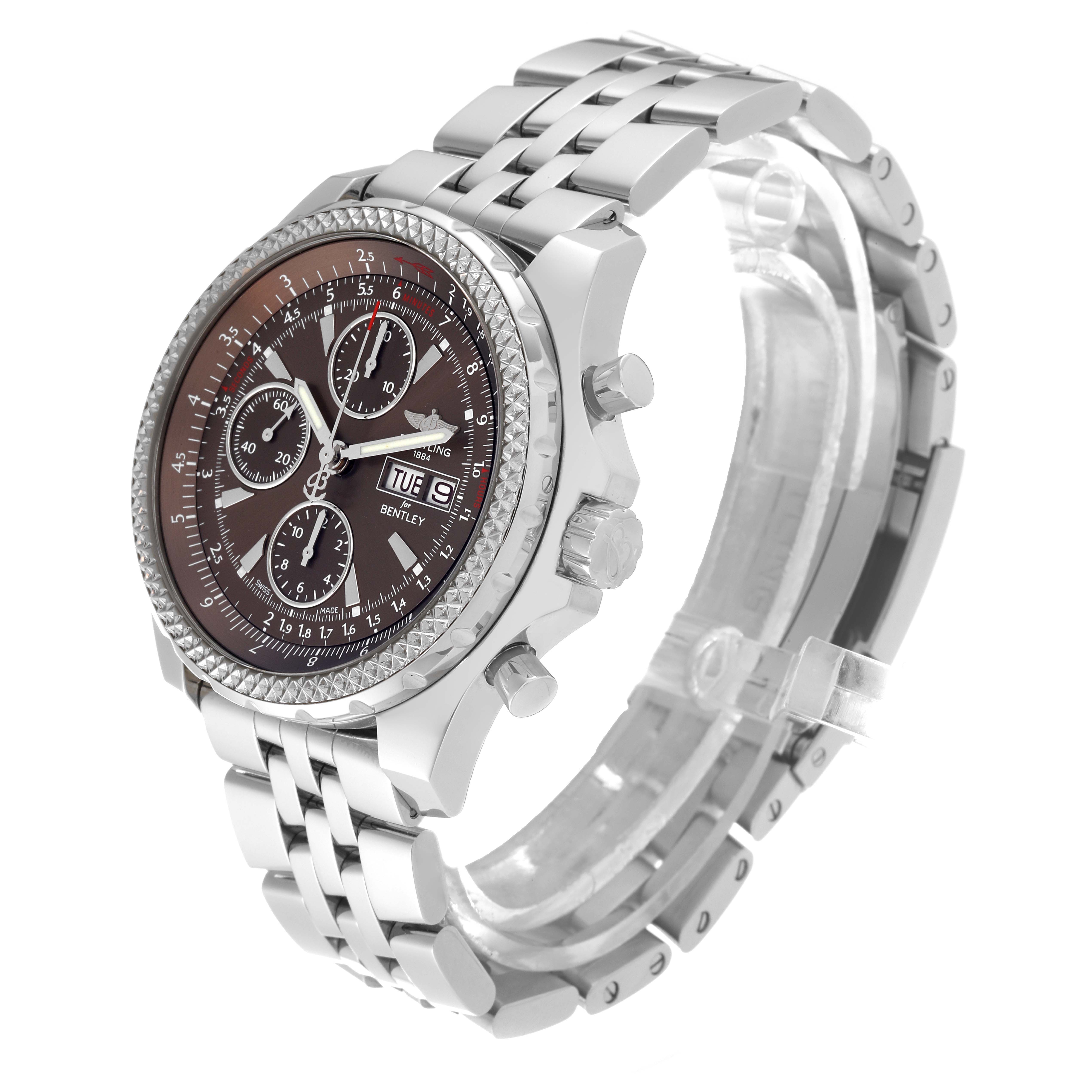 The image shows a side and top angle of the Breitling Bentley A1336224/Q614 Men's Stainless Steel Brown Dial A1336224/Q614 Men's Stainless Steel Brown Dial watch, highlighting its dial, bezel, and metal bracelet.