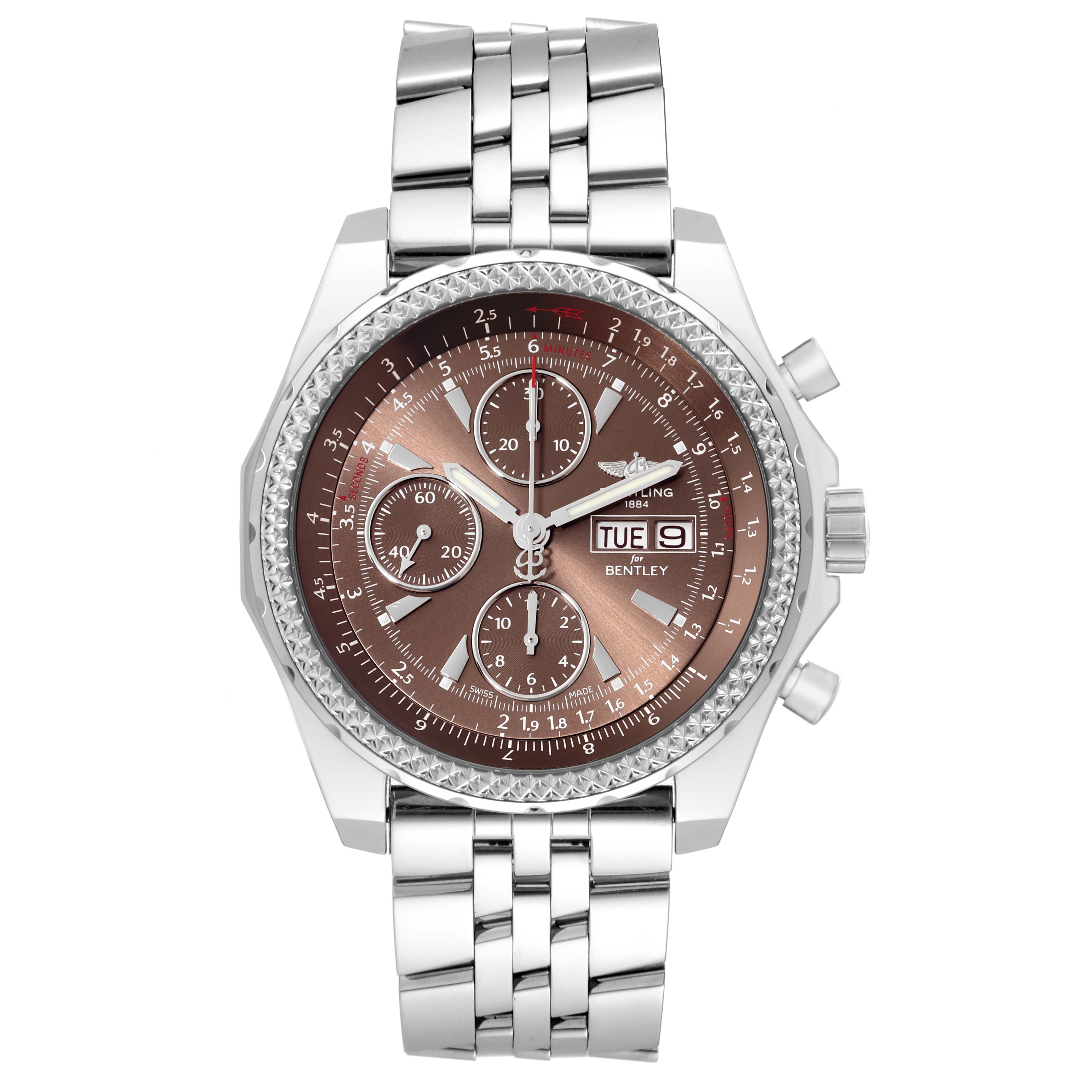 The image shows a front view of the Breitling Bentley A1336224/Q614 Men's Stainless Steel Brown Dial A1336224/Q614 Men's Stainless Steel Brown Dial watch, showcasing its stainless steel bracelet, brown dial, and chronograph features.