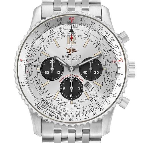 The Breitling Navitimer A41322 Men's Stainless Steel Silver Dial watch is shown from a top-down angle, displaying the entire face, bezel, and part of the metal bracelet.