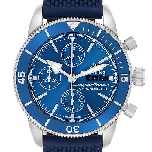 The image shows a front view of a Breitling Superocean A13313 Men's Stainless Steel Blue Dial chronometer with a blue dial, bezel, and three subdials.
