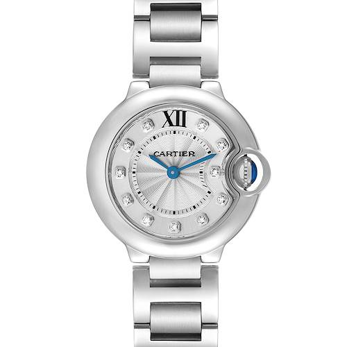 The Cartier Ballon Bleu WE902073 Women's Stainless Steel Silver Dial watch is shown from a frontal angle, displaying its round face, Roman numerals, and metal bracelet.