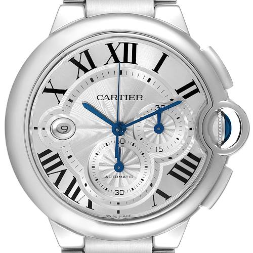 The image shows a close-up of the Cartier Ballon Bleu 63810 Men's Stainless Steel Silver Dial 63810 Men's Stainless Steel Silver Dial watch face, highlighting the dial, hands, and crown.
