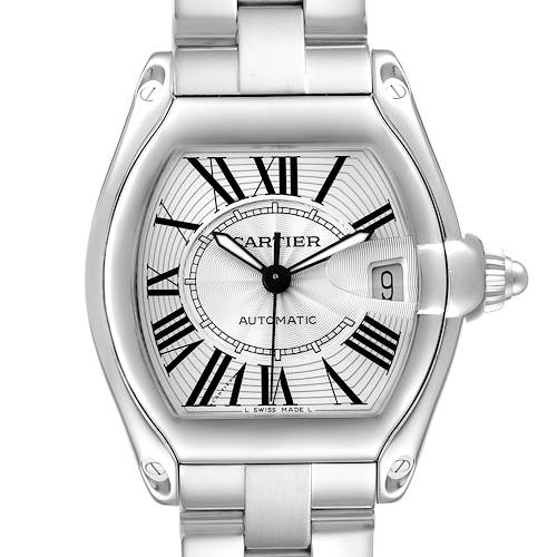 The Cartier Roadster W62025V3 Men's Stainless Steel Silver Dial watch is shown from the front, displaying the dial, bezel, case, lugs, and part of the bracelet.