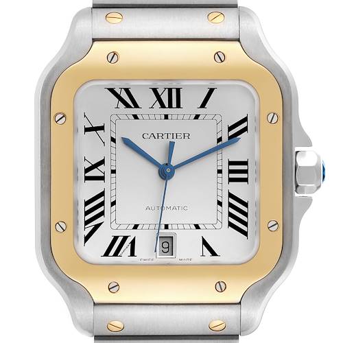 The image shows a front view of the Cartier Santos W2SA0009 Men's Steel and Gold (two tone) Silver Dial W2SA0009 Men's Steel and Gold (two tone) Silver Dial watch, highlighting its dial, hands, bezel, and part of the bracelet.