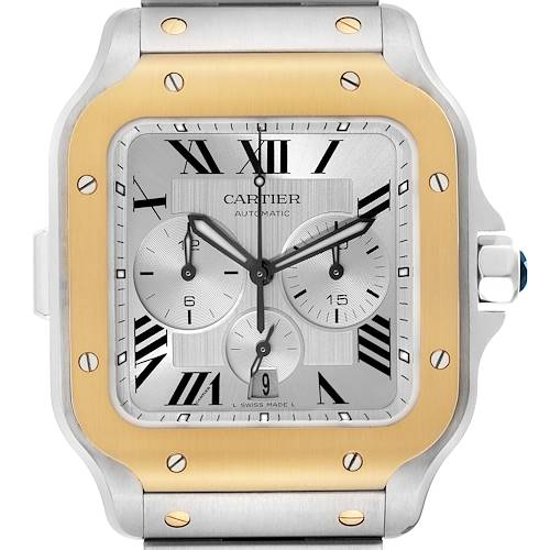 This Cartier Santos W2SA0008 Men's Steel and Gold (two tone) Silver Dial W2SA0008 Men's Steel and Gold (two tone) Silver Dial watch is shown from the front, displaying its dial, case, bezel, and part of the bracelet.