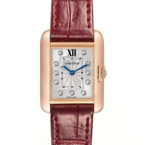 This image shows a front-facing view of a Cartier Tank Anglaise WJTA0007 Women's Rose Gold Silver Dial WJTA0007 Women's Rose Gold Silver Dial watch with a rectangular dial and a maroon leather strap.