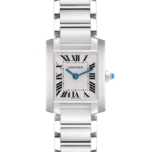 The Cartier Tank Française watch is shown from a top-down angle, highlighting the face, bracelet, and crown.