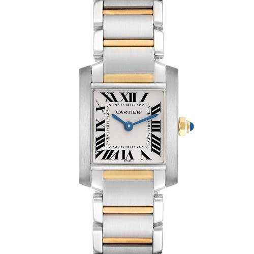 The Cartier Tank Francaise W51007Q4 Women's Steel and Gold (two tone) Silver Dial watch is shown from a front angle, displaying its face, Roman numerals, and two-tone metal bracelet.