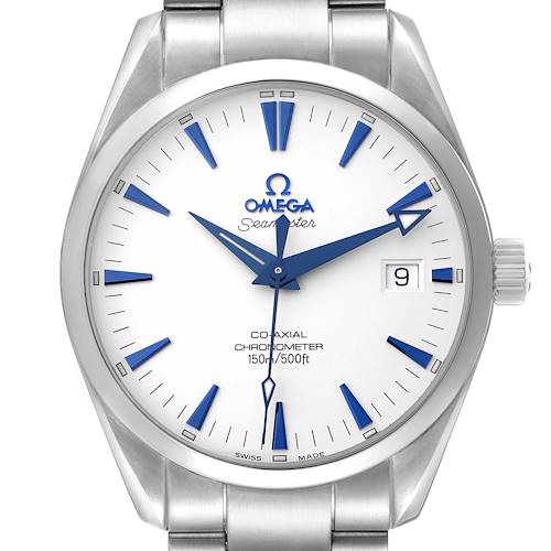 The Omega Aqua Terra 2503.33.00 Men's Stainless Steel Silver Dial watch is shown from a top-down angle, highlighting the dial, crown, and bracelet.