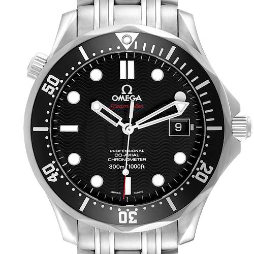 The Omega Seamaster 212.30.41.20.01.002 Men's Stainless Steel Black Dial watch is shown from a front angle, displaying the dial, bezel, hands, hour markers, and part of the bracelet.