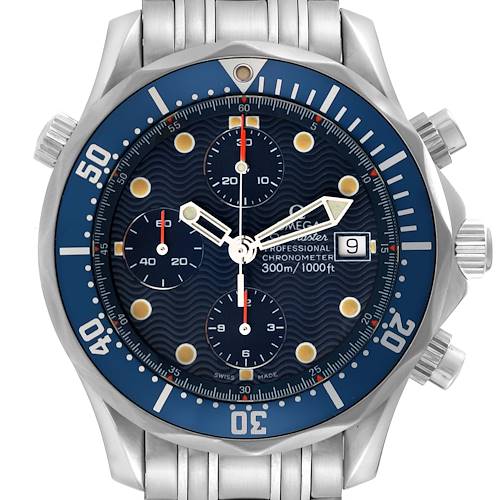 This image shows a front view of the Omega Seamaster 2599.80.00 Men's Stainless Steel Blue Dial 2599.80.00 Men's Stainless Steel Blue Dial watch, highlighting the dial, bezel, subdials, and metal bracelet.
