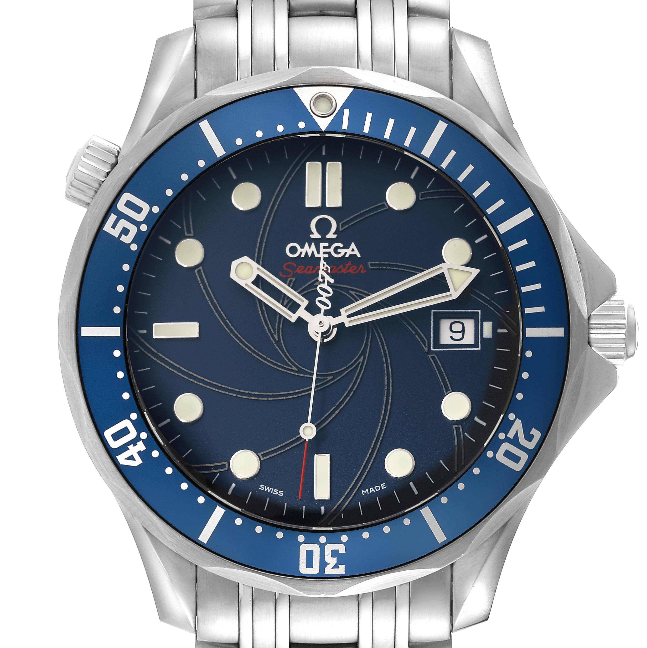 The image shows a front view of the Omega Seamaster 2226.80.00 Men's Stainless Steel Blue Dial 2226.80.00 Men's Stainless Steel Blue Dial watch, highlighting its dial, bezel, and bracelet.