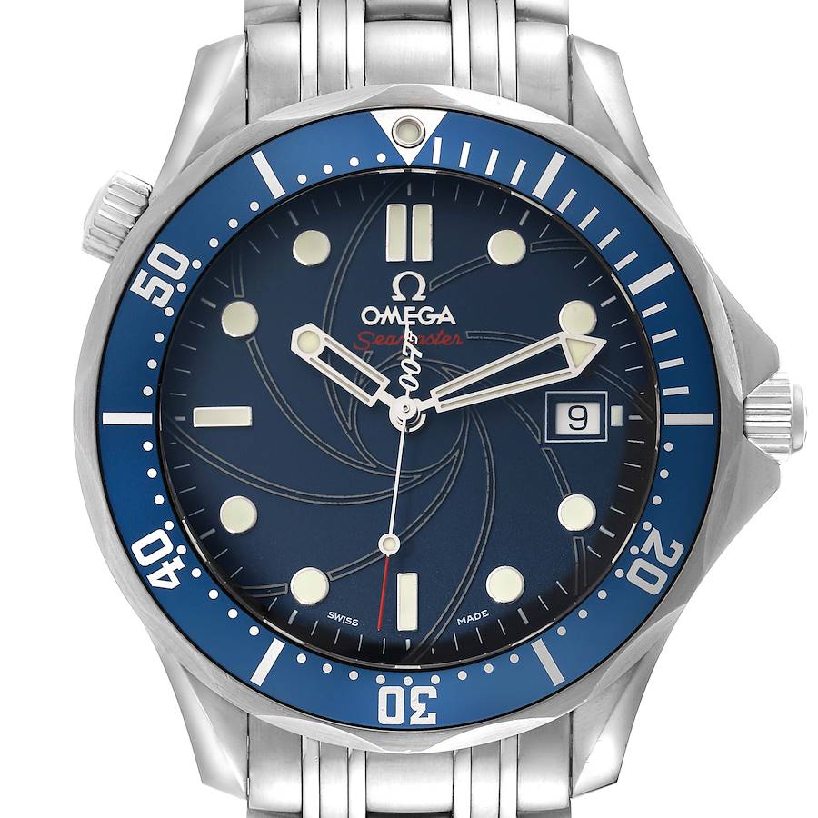 The image shows a front view of the Omega Seamaster 2226.80.00 Men's Stainless Steel Blue Dial 2226.80.00 Men's Stainless Steel Blue Dial watch, highlighting its dial, bezel, and bracelet.