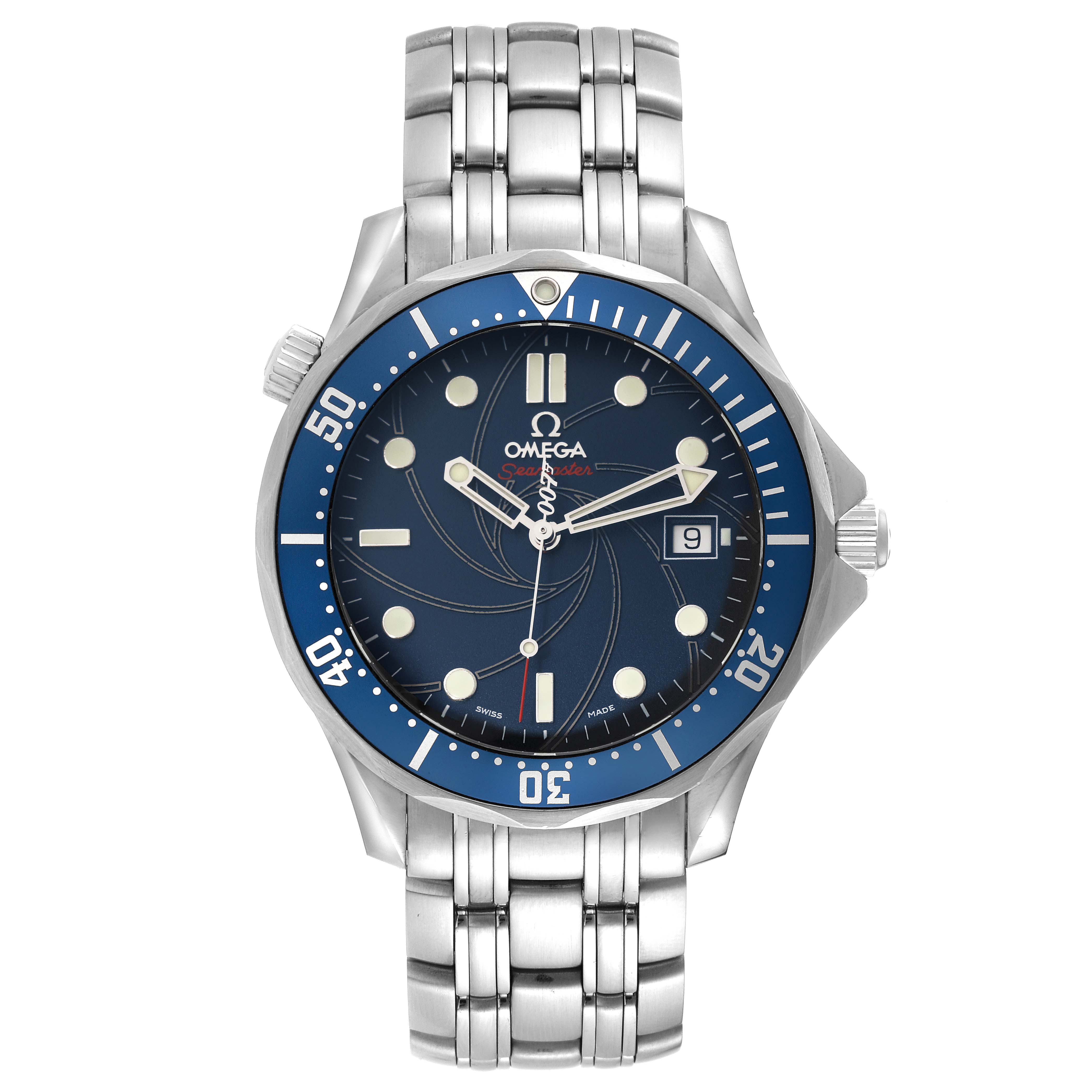 The image shows a front view of the Omega Seamaster 2226.80.00 Men's Stainless Steel Blue Dial 2226.80.00 Men's Stainless Steel Blue Dial watch featuring the dial, bezel, and metal bracelet.
