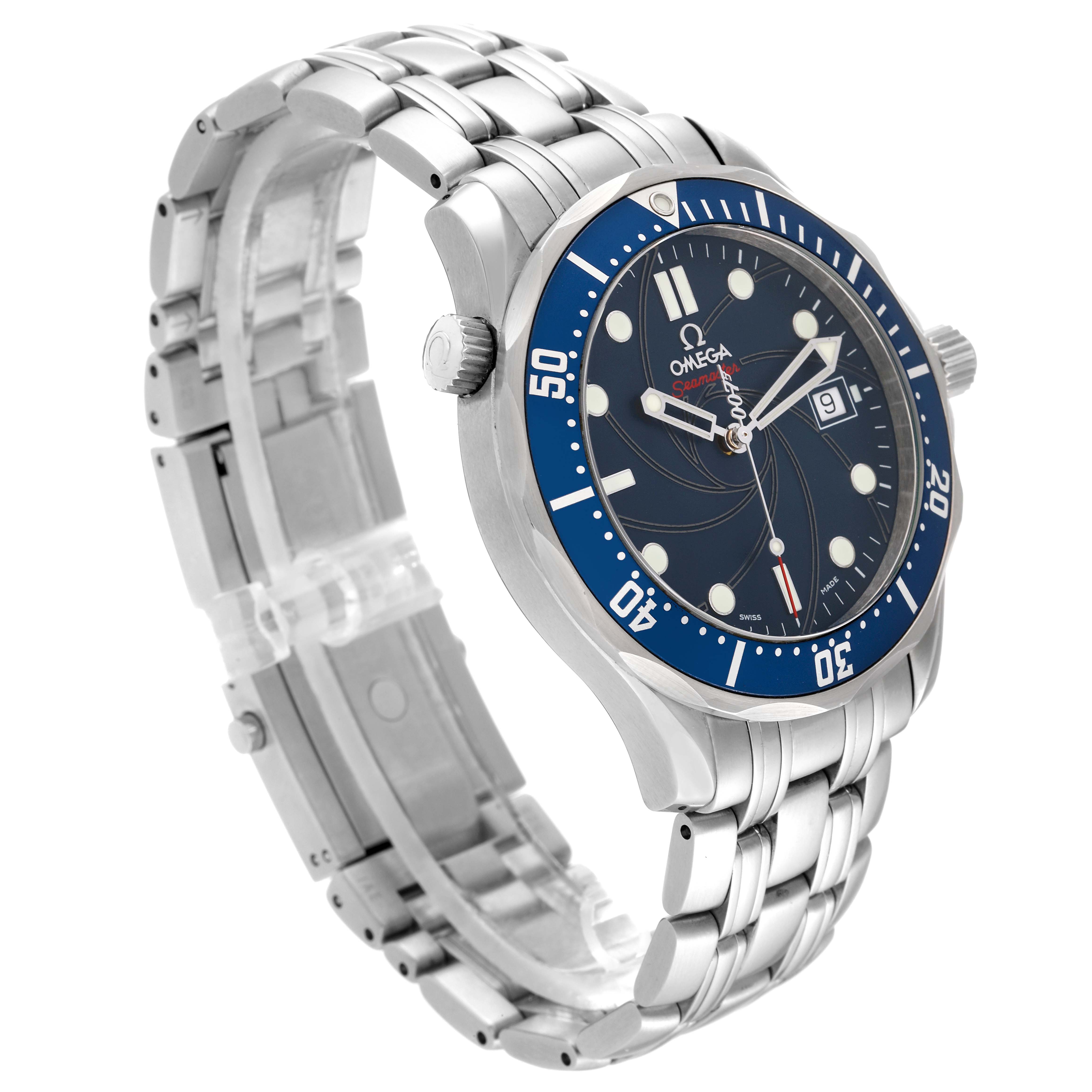 The image shows an Omega Seamaster 2226.80.00 Men's Stainless Steel Blue Dial 2226.80.00 Men's Stainless Steel Blue Dial watch at a slight side angle, highlighting the bracelet, bezel, and watch face.