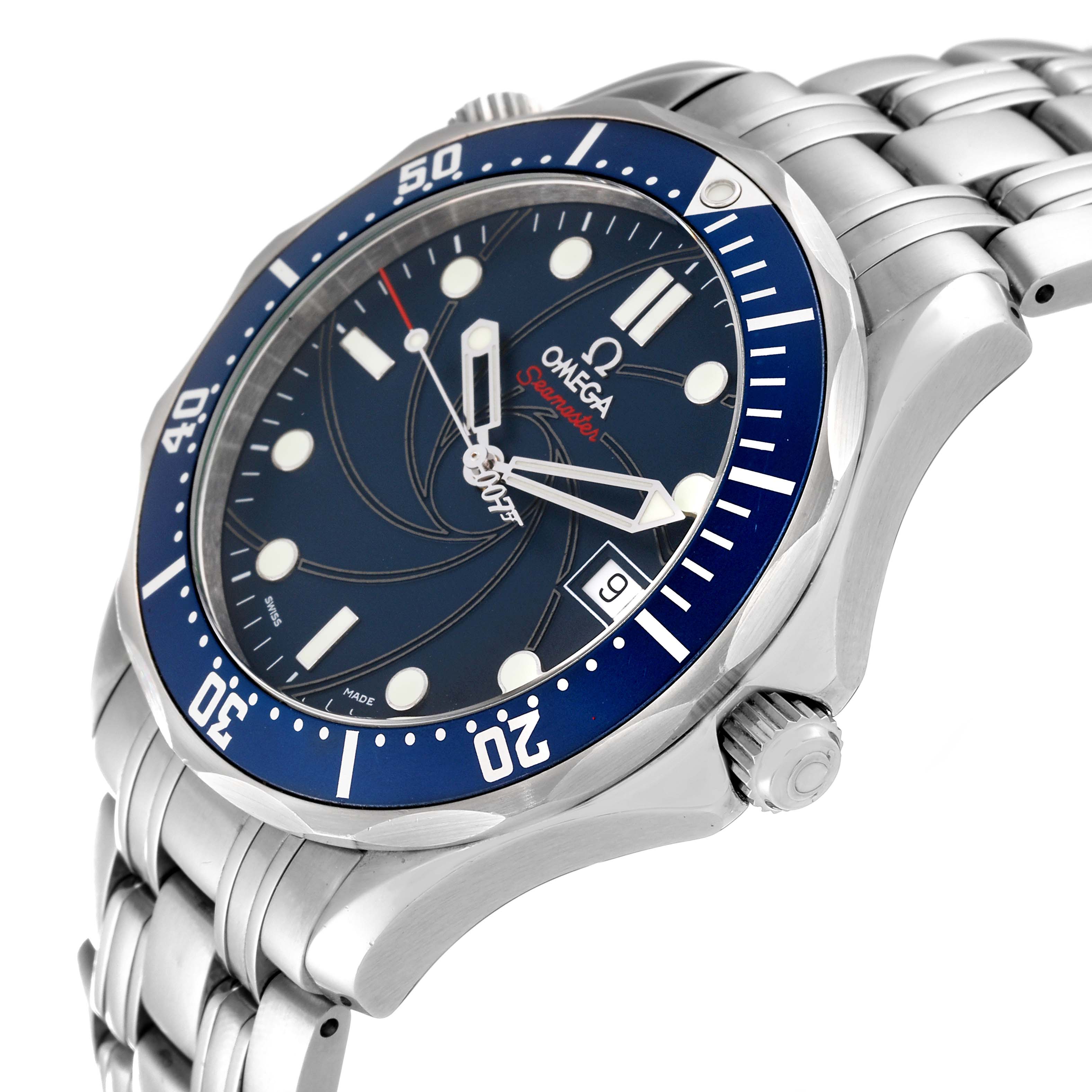The image shows an angled view of an Omega Seamaster 2226.80.00 Men's Stainless Steel Blue Dial 2226.80.00 Men's Stainless Steel Blue Dial watch, displaying its dial, bezel, crown, and part of the bracelet.