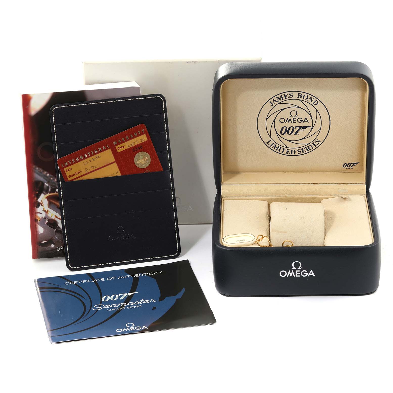 The image shows the Omega Seamaster 2226.80.00 Men's Stainless Steel Blue Dial 2226.80.00 Men's Stainless Steel Blue Dial watch box, international warranty card, and certificate of authenticity, all viewed from the front.