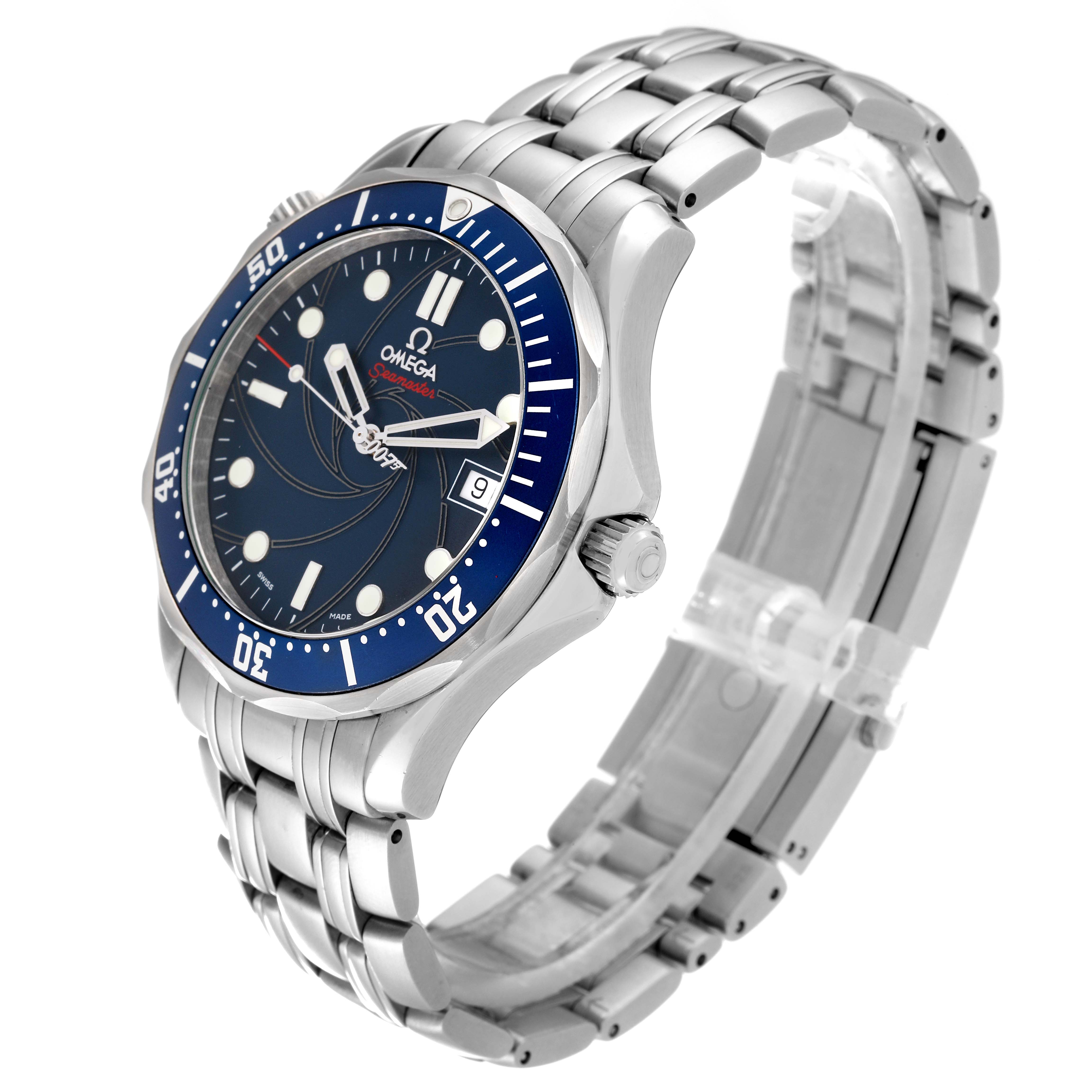 The Omega Seamaster 2226.80.00 Men's Stainless Steel Blue Dial 2226.80.00 Men's Stainless Steel Blue Dial watch is shown at a three-quarter angle, highlighting the bezel, dial, crown, and metal bracelet.