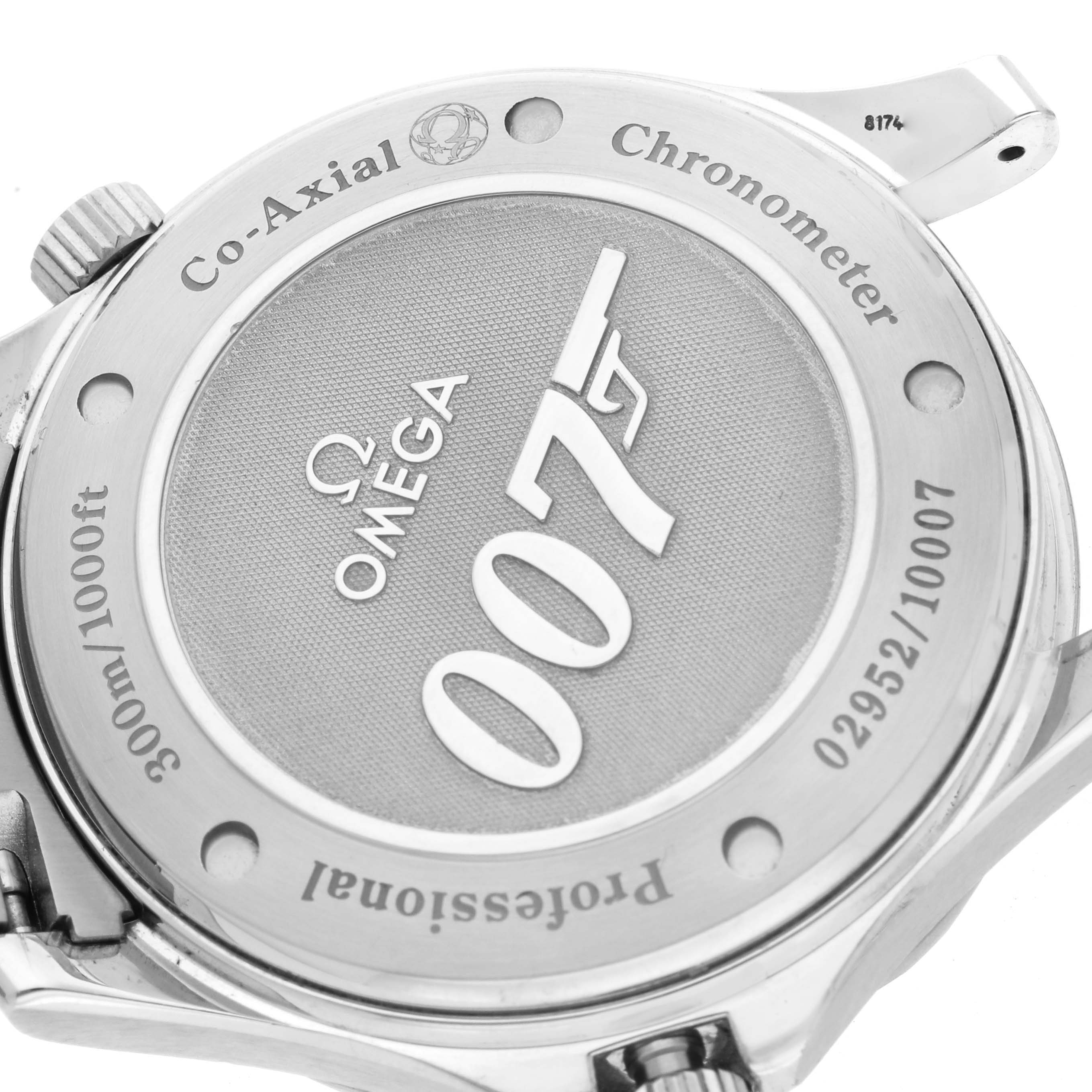 This image shows the case back of the Omega Seamaster 2226.80.00 Men's Stainless Steel Blue Dial 2226.80.00 Men's Stainless Steel Blue Dial watch, featuring the 007 logo and various engravings.