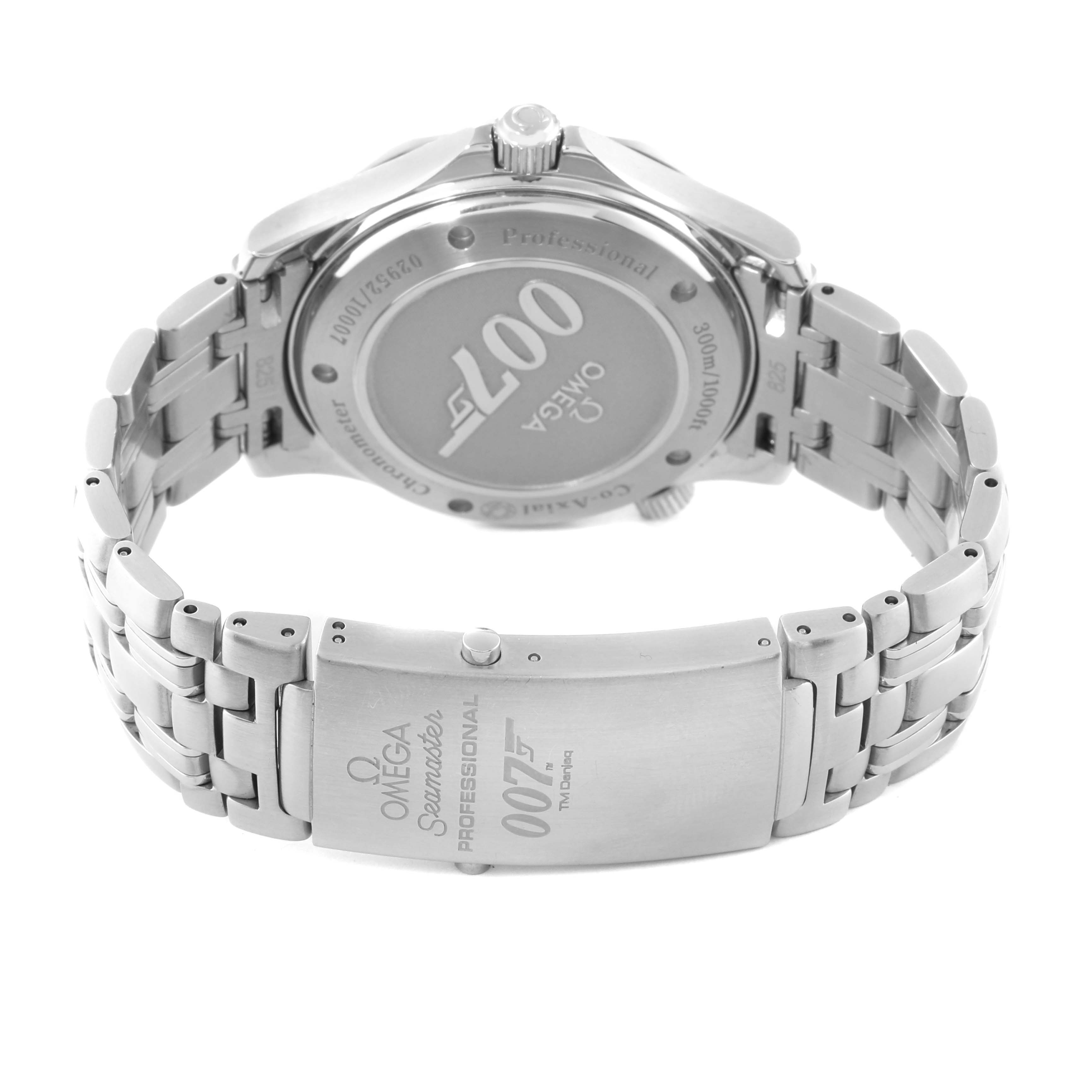 The image shows the back and bracelet clasp of the Omega Seamaster 2226.80.00 Men's Stainless Steel Blue Dial 2226.80.00 Men's Stainless Steel Blue Dial watch, displaying the "007" branding and engravings.