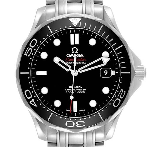The Omega Seamaster 212.30.41.20.01.003 Men's Stainless Steel Black Dial watch is shown from the front, displaying its face, bezel, and part of the bracelet.