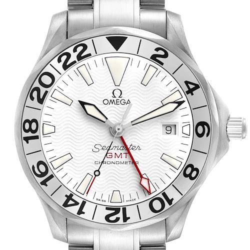 The Omega Seamaster 2538.20.00 Men's Stainless Steel White Dial GMT watch is shown from the front, displaying the dial, bezel, hands, and part of the bracelet.