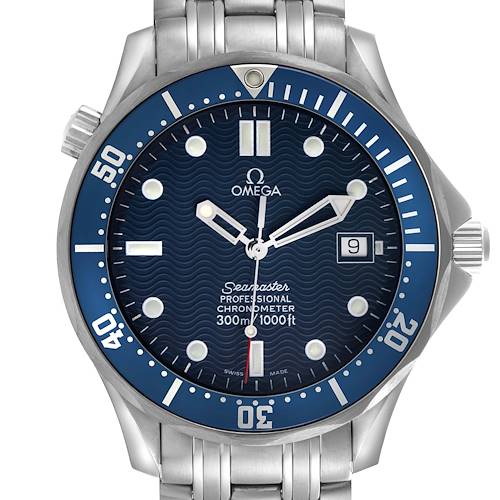 The Omega Seamaster 2531.80.00 Men's Stainless Steel Blue Dial watch is shown from a front angle, displaying the dial, bezel, and bracelet.