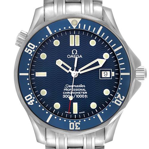The Omega Seamaster 2531.80.00 Men's Stainless Steel Blue Dial watch is shown from a front angle, highlighting the dial, bezel, crown, and part of the bracelet.