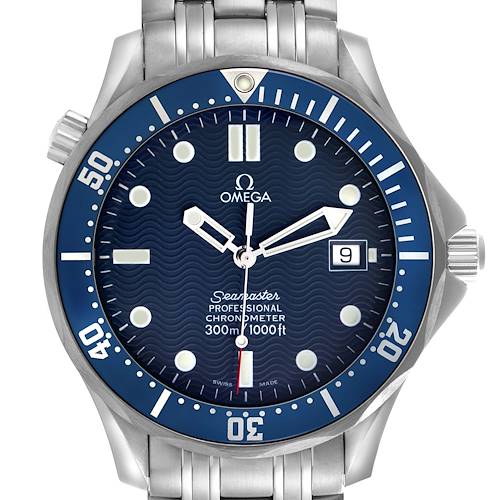 The Omega Seamaster 2531.80.00 Men's Stainless Steel Blue Dial watch is shown from a front angle, highlighting the dial, bezel, bracelet, and crown.