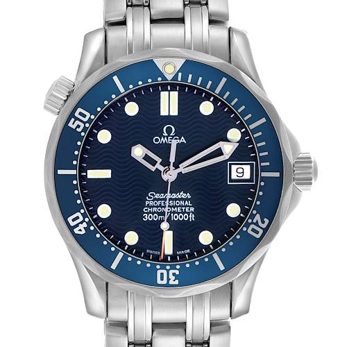 The Omega Seamaster 2551.80.00 Men's Stainless Steel Blue Dial watch is shown from the front, displaying the dial, bezel, and bracelet.