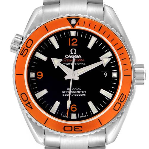 The Omega Planet Ocean 232.30.46.21.01.002 Men's Stainless Steel Black Dial watch is shown front-on, highlighting the orange bezel, black dial, and silver bracelet.