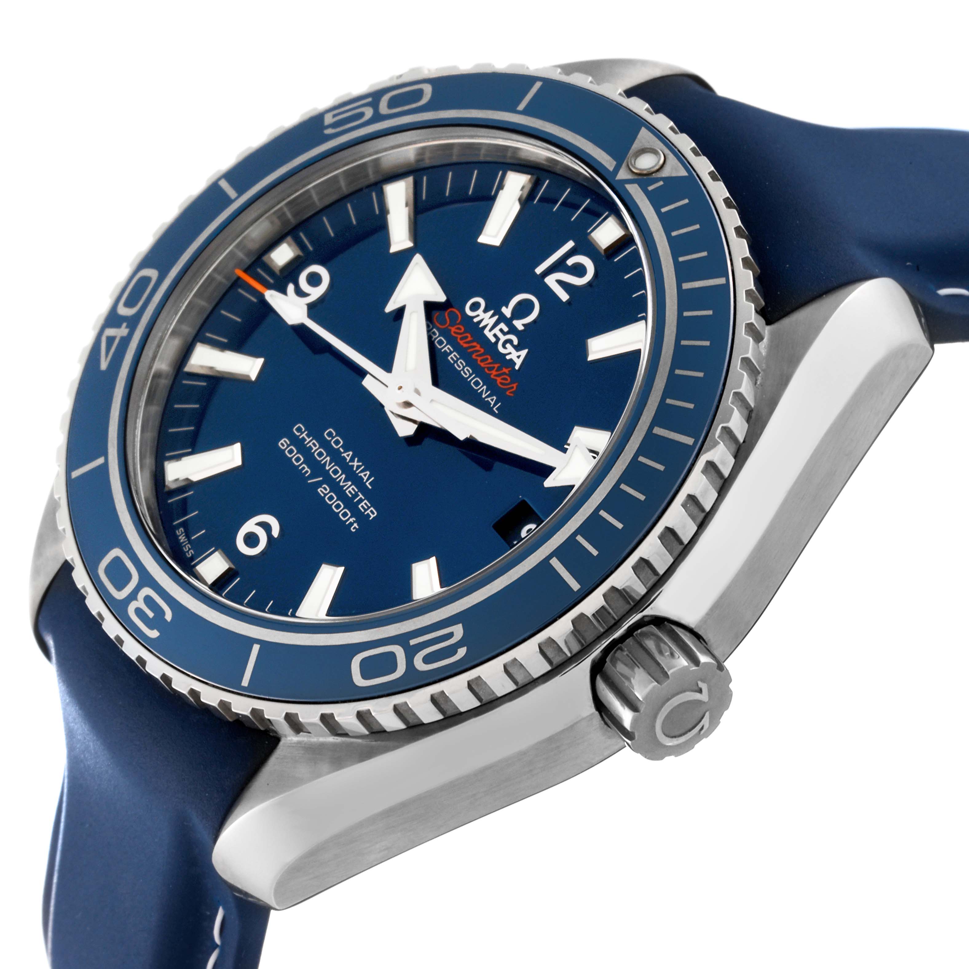 The image shows a side angle of the Omega Planet Ocean 232.92.42.21.03.001 Men's Titanium Blue Dial 232.92.42.21.03.001 Men's Titanium Blue Dial watch, displaying the case, bezel, crown, and part of the strap.