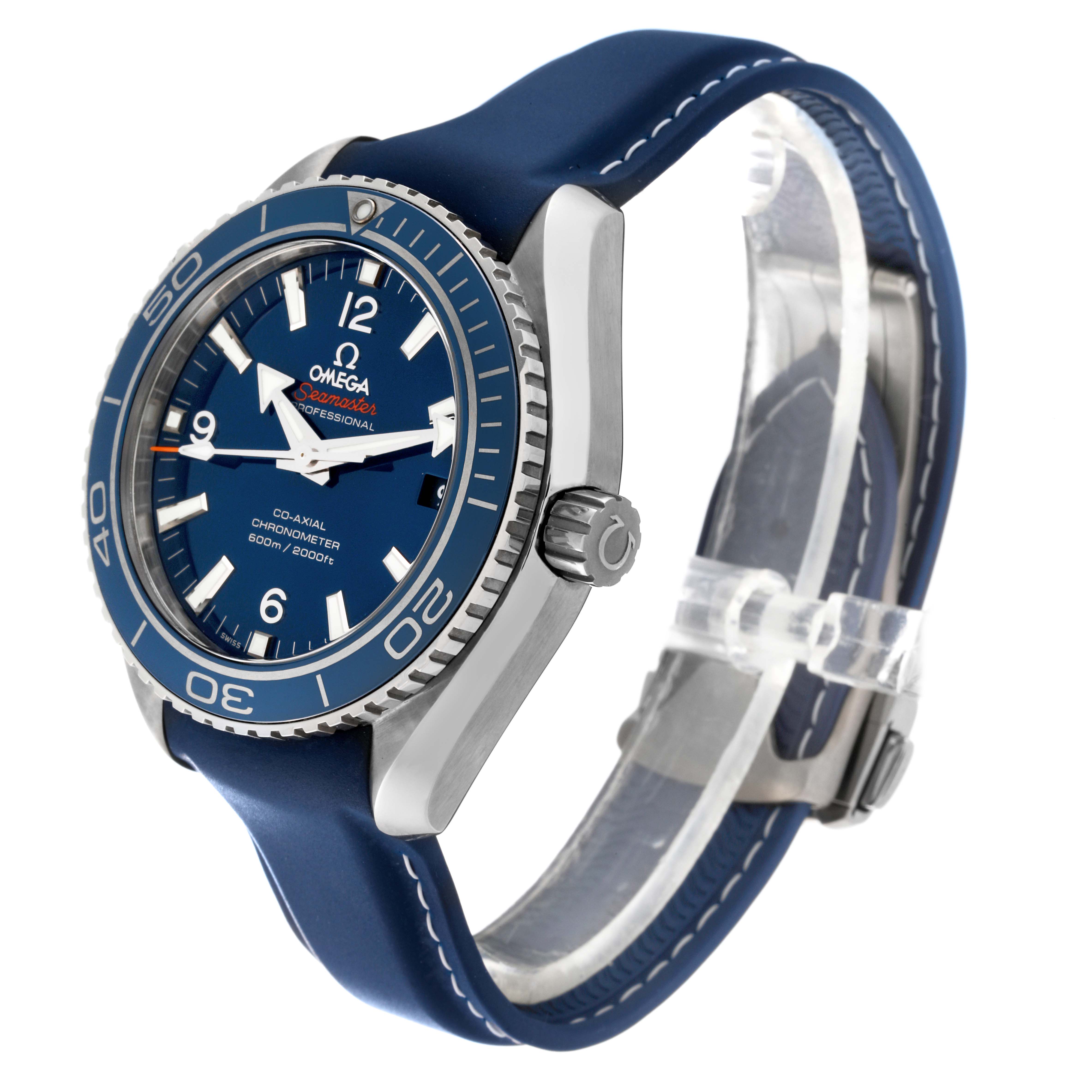 The Omega Planet Ocean 232.92.42.21.03.001 Men's Titanium Blue Dial 232.92.42.21.03.001 Men's Titanium Blue Dial watch is shown at a three-quarter angle, highlighting its blue dial, bezel, and strap with the crown visible.