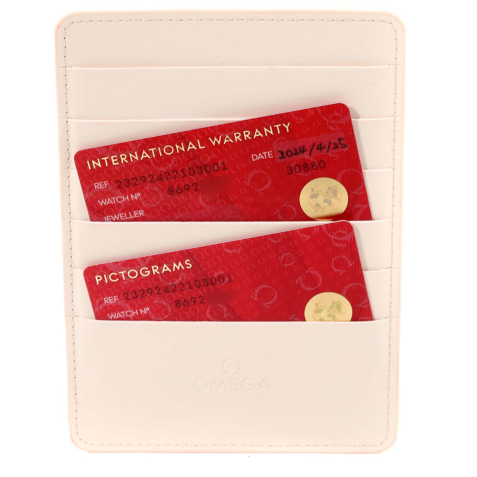 The image shows an Omega Planet Ocean 232.92.42.21.03.001 Men's Titanium Blue Dial 232.92.42.21.03.001 Men's Titanium Blue Dial watch's warranty and pictograms cards in a white cardholder.