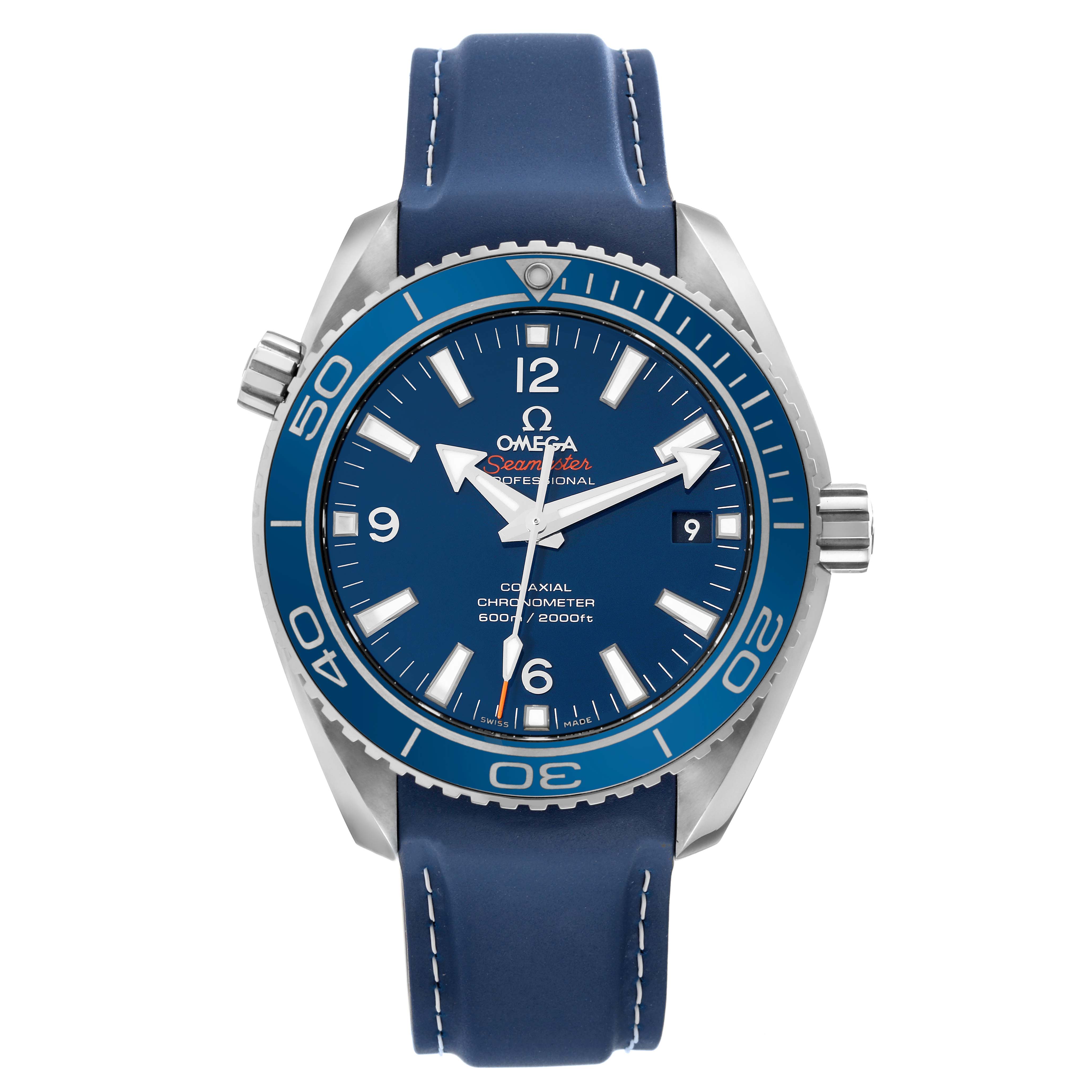 This image displays a front view of the Omega Planet Ocean 232.92.42.21.03.001 Men's Titanium Blue Dial 232.92.42.21.03.001 Men's Titanium Blue Dial model, showcasing its blue dial, bezel, and strap.