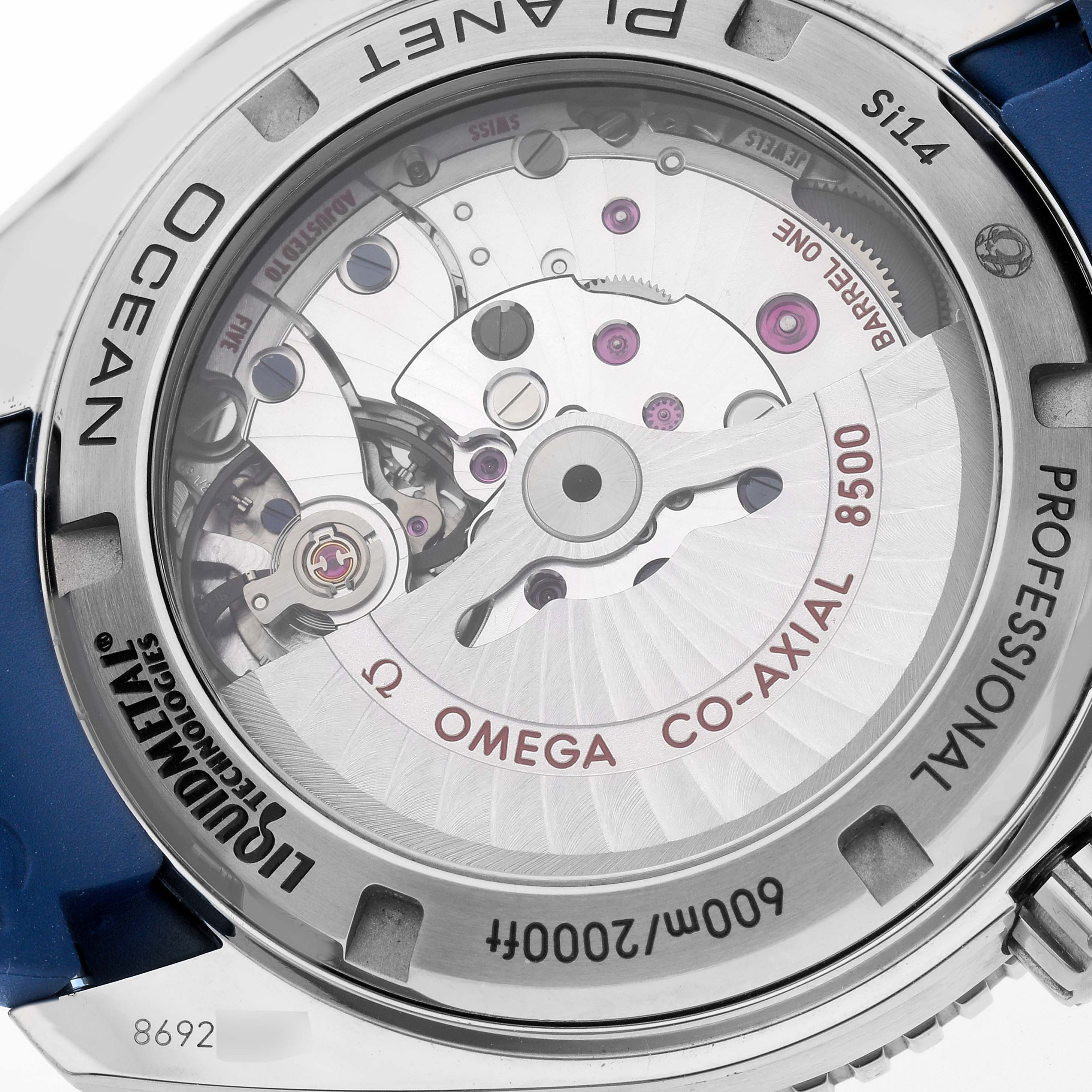 This is a close-up shot of the back of an Omega Planet Ocean 232.92.42.21.03.001 Men's Titanium Blue Dial 232.92.42.21.03.001 Men's Titanium Blue Dial watch, showcasing the inner mechanical movement.