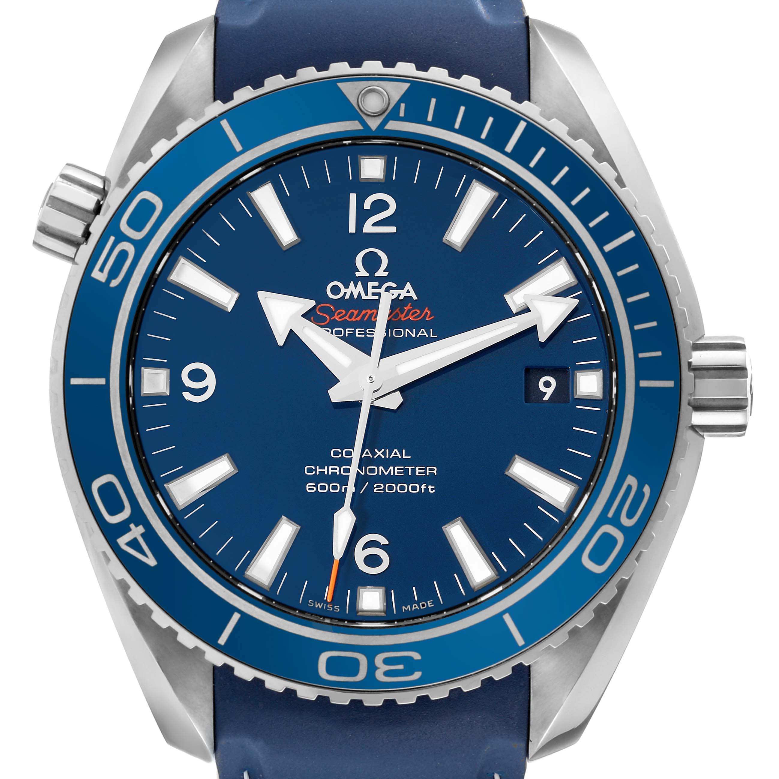 The Omega Planet Ocean 232.92.42.21.03.001 Men's Titanium Blue Dial 232.92.42.21.03.001 Men's Titanium Blue Dial watch is shown from a front angle, displaying the face, bezel, crown, and part of the strap.