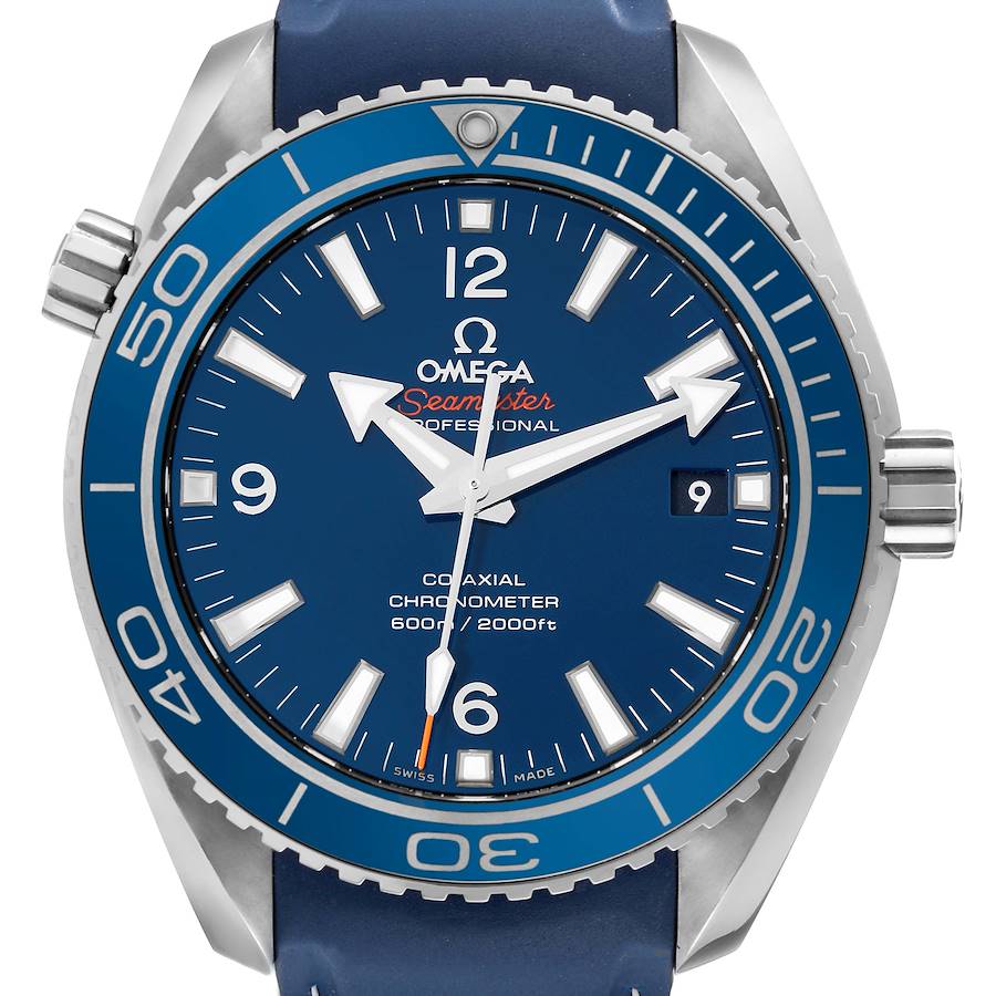 The Omega Planet Ocean 232.92.42.21.03.001 Men's Titanium Blue Dial 232.92.42.21.03.001 Men's Titanium Blue Dial watch is shown from a front angle, displaying the face, bezel, crown, and part of the strap.