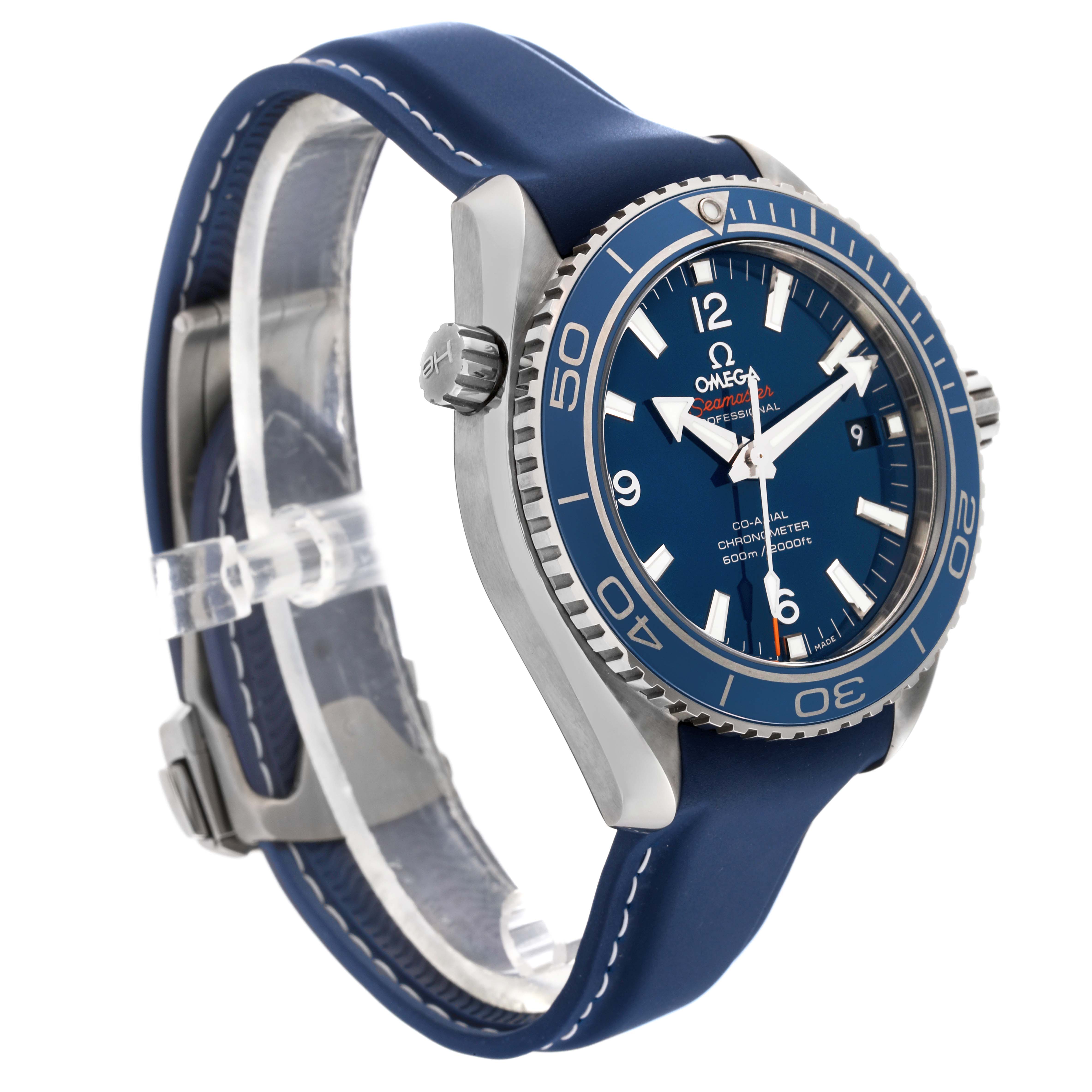 The Omega Planet Ocean 232.92.42.21.03.001 Men's Titanium Blue Dial 232.92.42.21.03.001 Men's Titanium Blue Dial model watch is shown at an angled view, displaying the case, face, bezel, crown, and strap.