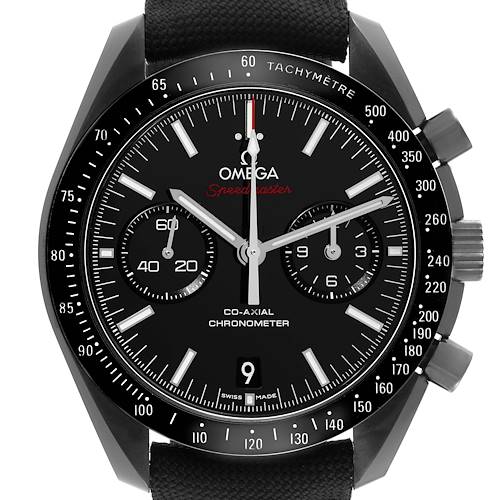 The Omega Speedmaster 311.92.44.51.01.003 Men's Ceramic Black Dial 311.92.44.51.01.003 Men's Ceramic Black Dial watch is shown from a front angle, featuring its dials, tachymeter, and crown.
