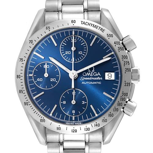The image shows the face of an Omega Speedmaster 3511.80.00 Men's Stainless Steel Blue Dial 3511.80.00 Men's Stainless Steel Blue Dial watch from a front view, highlighting its blue dial, chronograph sub-dials, and tachymeter scale.