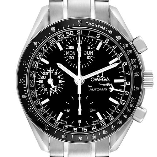This image shows a front view of the Omega Speedmaster 3520.50.00 Men's Stainless Steel Black Dial 3520.50.00 Men's Stainless Steel Black Dial watch, highlighting its dial, bezel, and part of the bracelet.