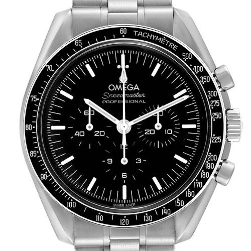 The image shows a front view of an Omega Speedmaster 310.30.42.50.01.001 Men's Stainless Steel Black Dial 310.30.42.50.01.001 Men's Stainless Steel Black Dial watch, highlighting the dial, bezel, and part of the bracelet.