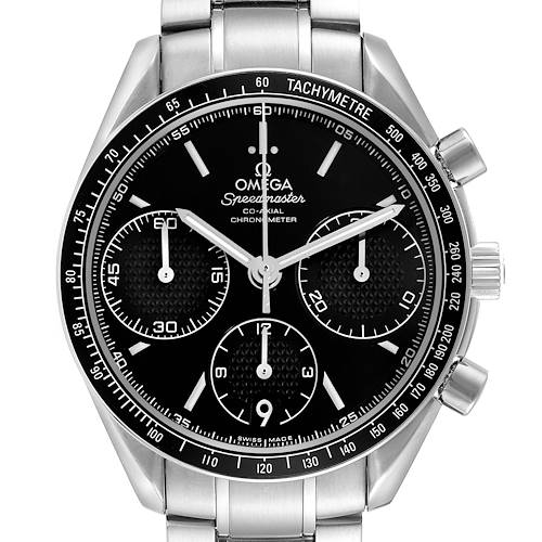 The Omega Speedmaster 326.30.40.50.01.001 Men's Stainless Steel Black Dial watch is shown from the front, displaying the face, bracelet, chronograph dials, and tachymeter bezel.