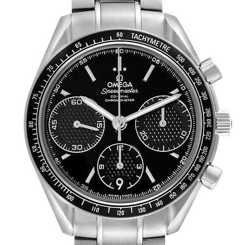 The image shows the front view of an Omega Speedmaster 326.30.40.50.01.001 Men's Stainless Steel Black Dial 326.30.40.50.01.001 Men's Stainless Steel Black Dial with its black dial, tachymeter bezel, and chronograph sub-dials.