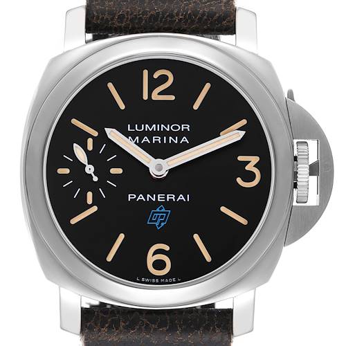 The image shows a front view of the Panerai Luminor PAM00631 Men's Stainless Steel Black Dial watch, highlighting the dial, crown guard, and strap.