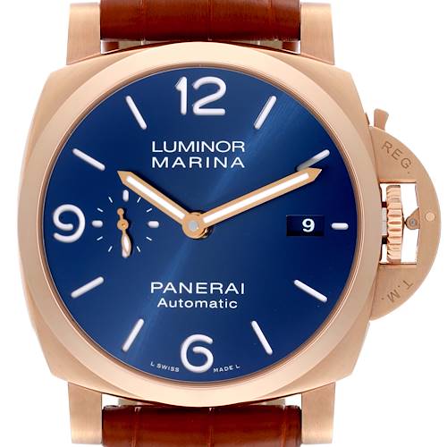 The image shows a front view of a Panerai Luminor PAM01112 Men's Rose Gold Blue Dial PAM01112 Men's Rose Gold Blue Dial Marina watch with a blue dial and brown leather strap.