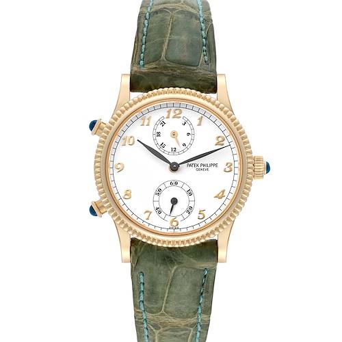 The image shows a Patek Philippe Calatrava 4864J-001 Women's Yellow Gold White Dial 4864J-001 Women's Yellow Gold White Dial model watch from a front angle, displaying the dial, hands, and green strap.