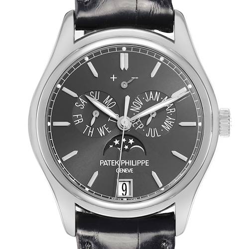 The Patek Philippe Complications 5146P-001 Men's White Gold Grey Dial watch is shown from a front angle, displaying the dial with sub-dials and moon phase.